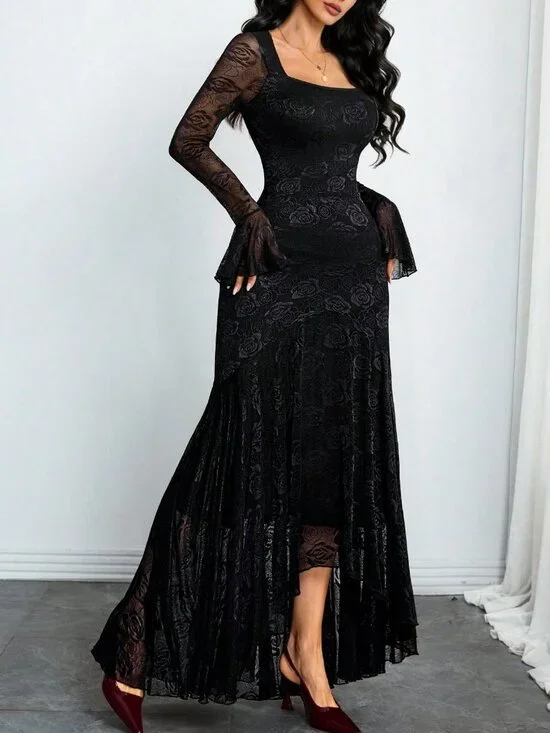 Black Elegant Women's Square Neck Rose Lace Ruffle Sleeve Asymmetric Hem Dress - Picture 4 of 5